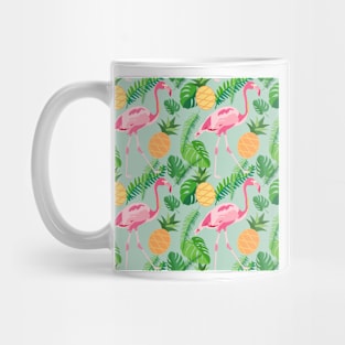 Tropical trendy seamless pattern with pink flamingos, pineapples and palm leaves Mug